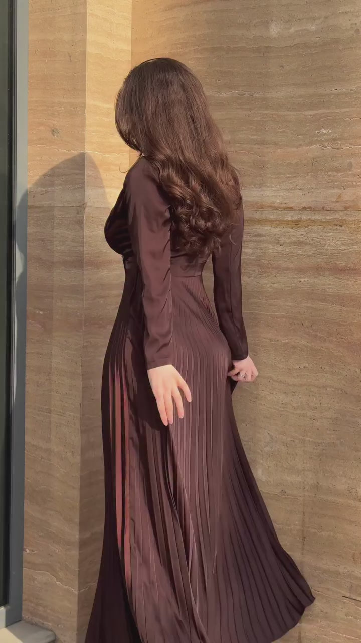 Amara Blazer Pleated Maxi Dress-Brown
