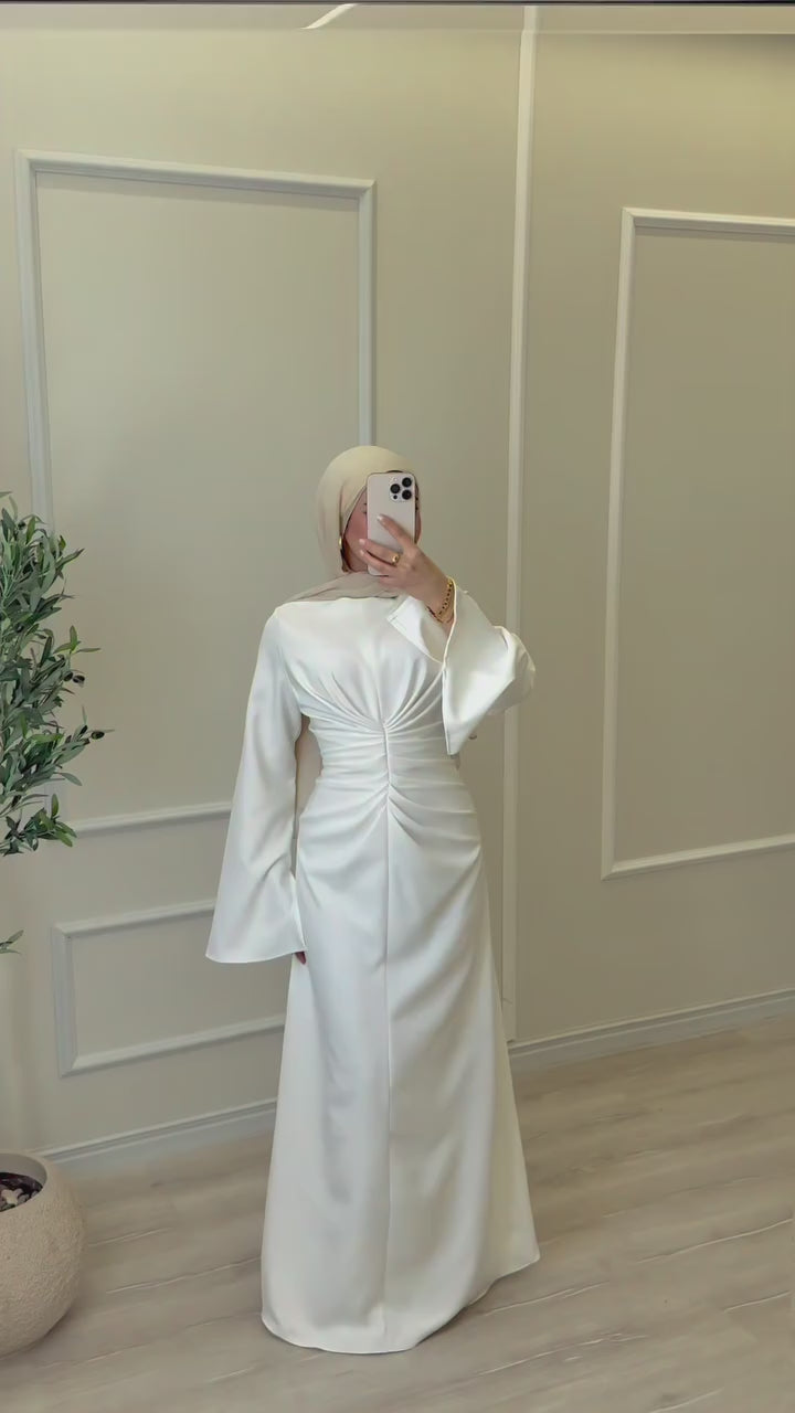 Center Ruched Satin Bell Sleeve Maxi Dress