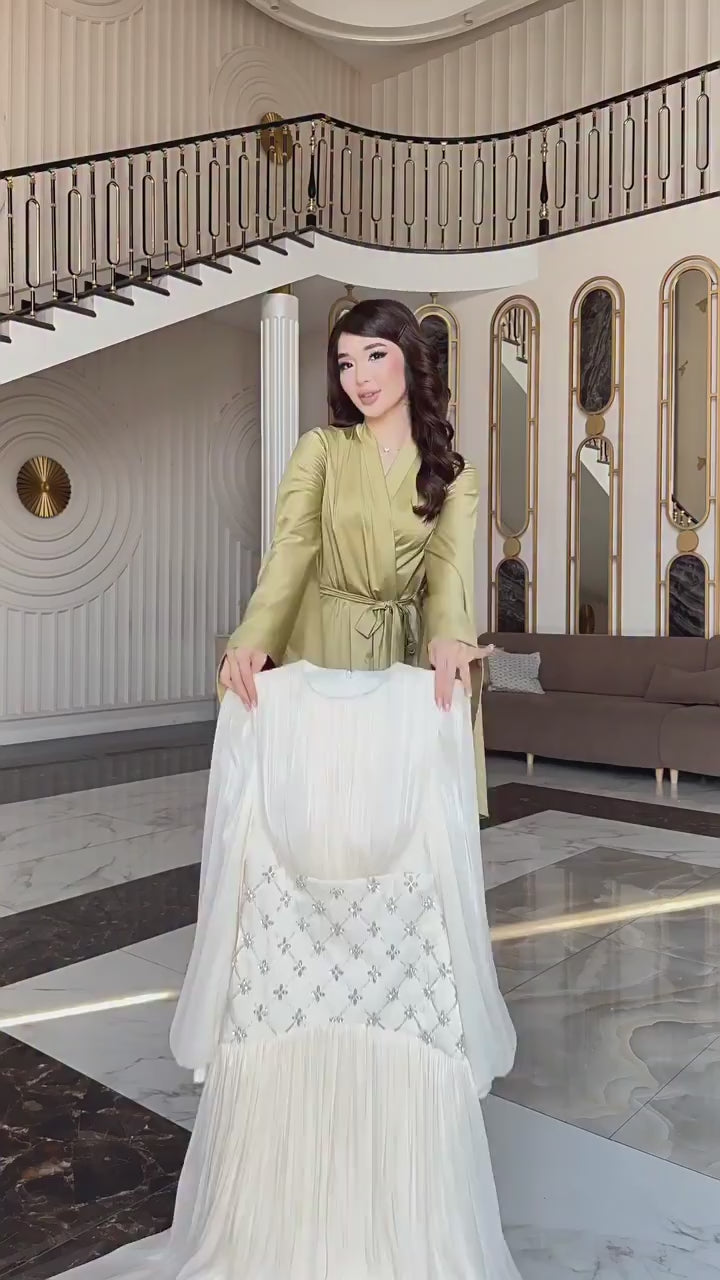 Liora Rhinestone Waist Pleated Maxi Dress-White