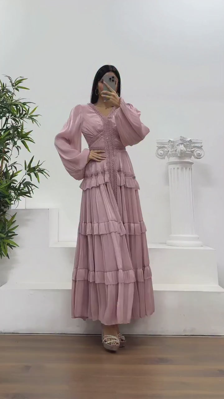 Luxury Rhinestone Embellished V-Neck Lace Patchwork Maxi Dress-Pink