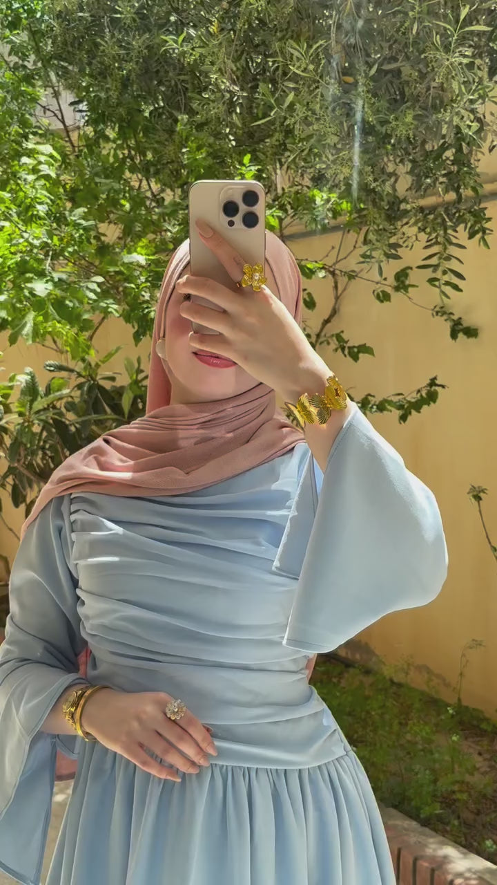 Rahma Side Ruched Flare Sleeve Maxi Dress-Blue