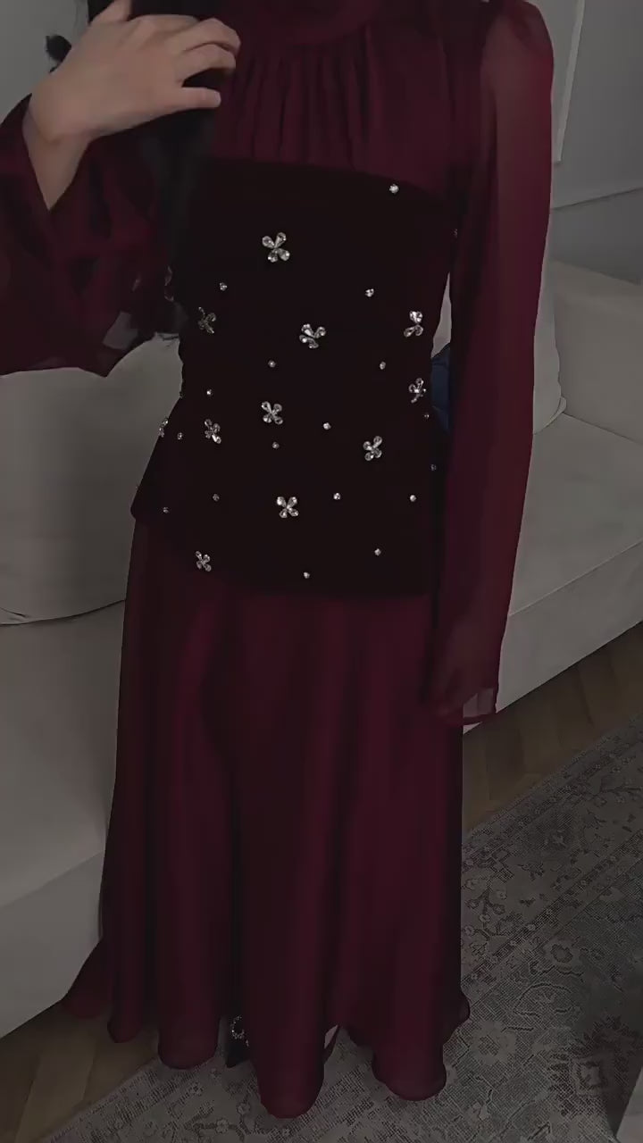 Ranya Beaded Velvet Flare Sleeve Maxi Dress