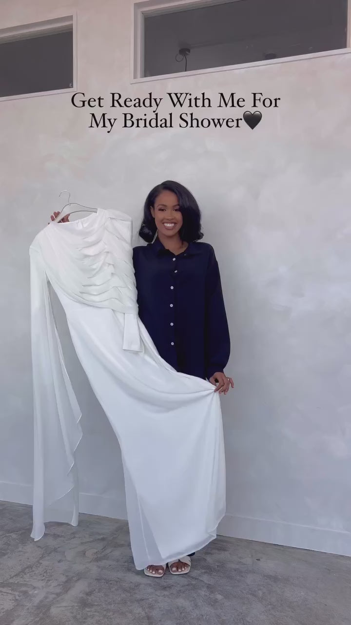 Mariam Draped Cape Chiffon Maxi Dress-White