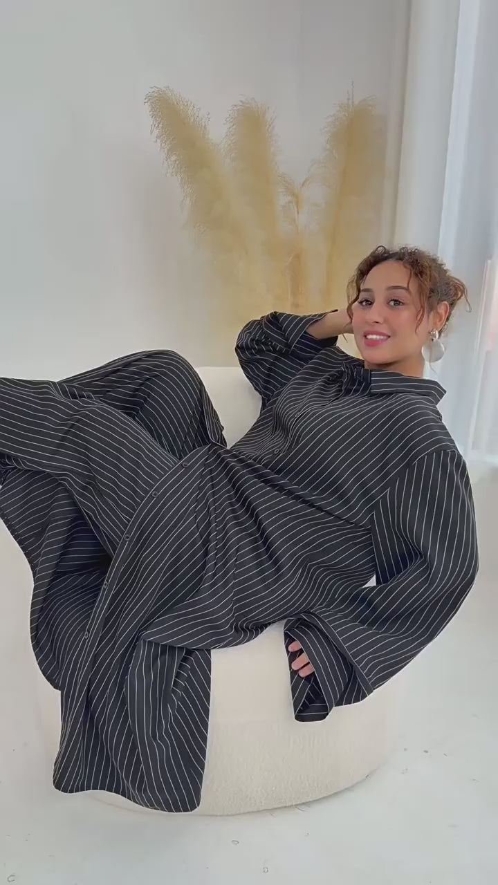 Muna Striped Shirt Long Two Piece Set-Coffee