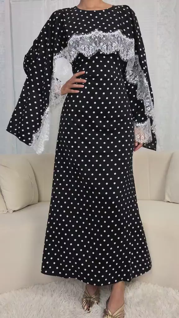 Salma Polka Dot Lace Cape Sleeve Maxi Dress