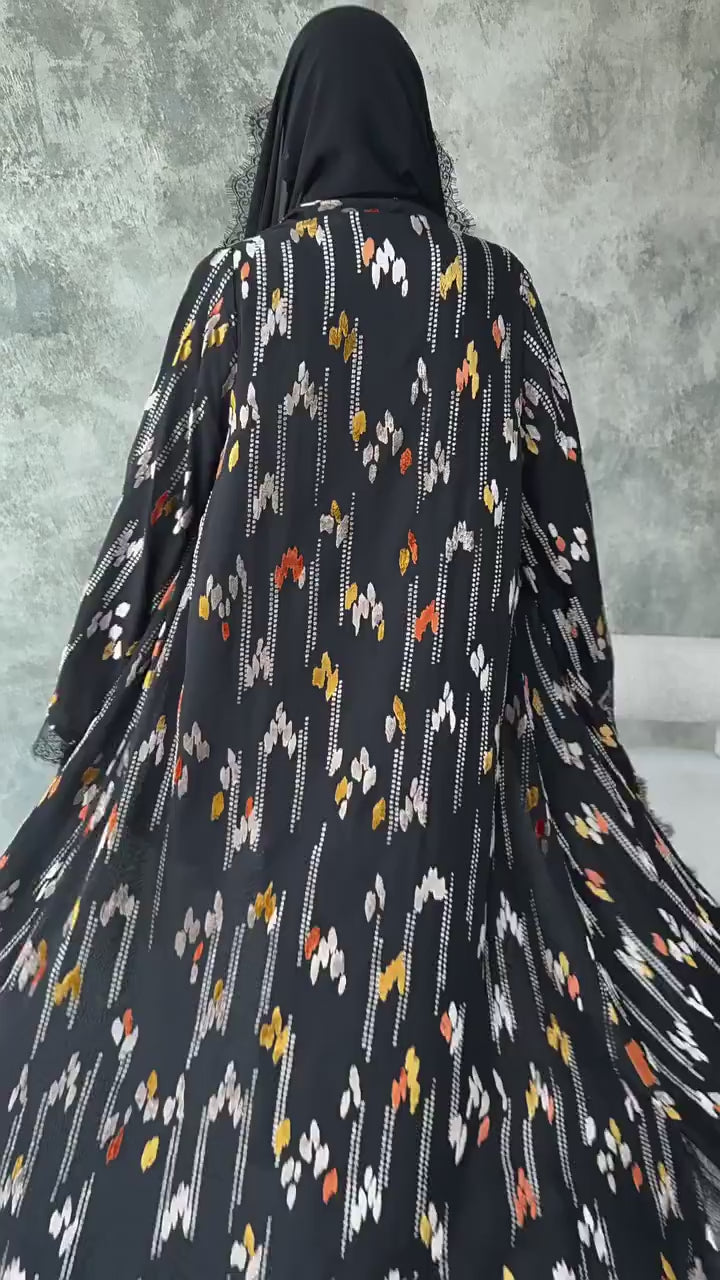 Lace-Trimmed Printed Open Abaya & Hijab Set