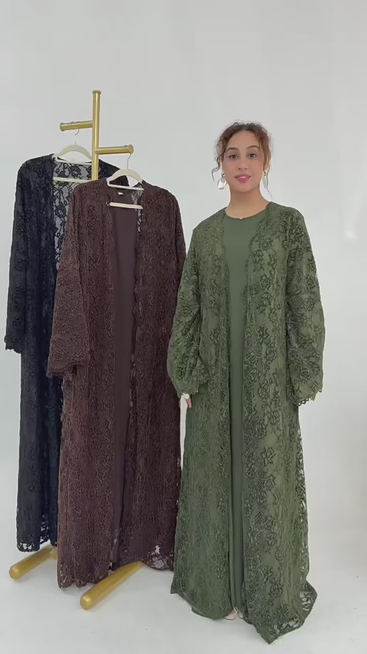 Nurul Floral Lace Open Front Long Abaya-Coffee