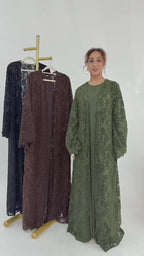 Nurul Floral Lace Open Front Long Abaya-Coffee