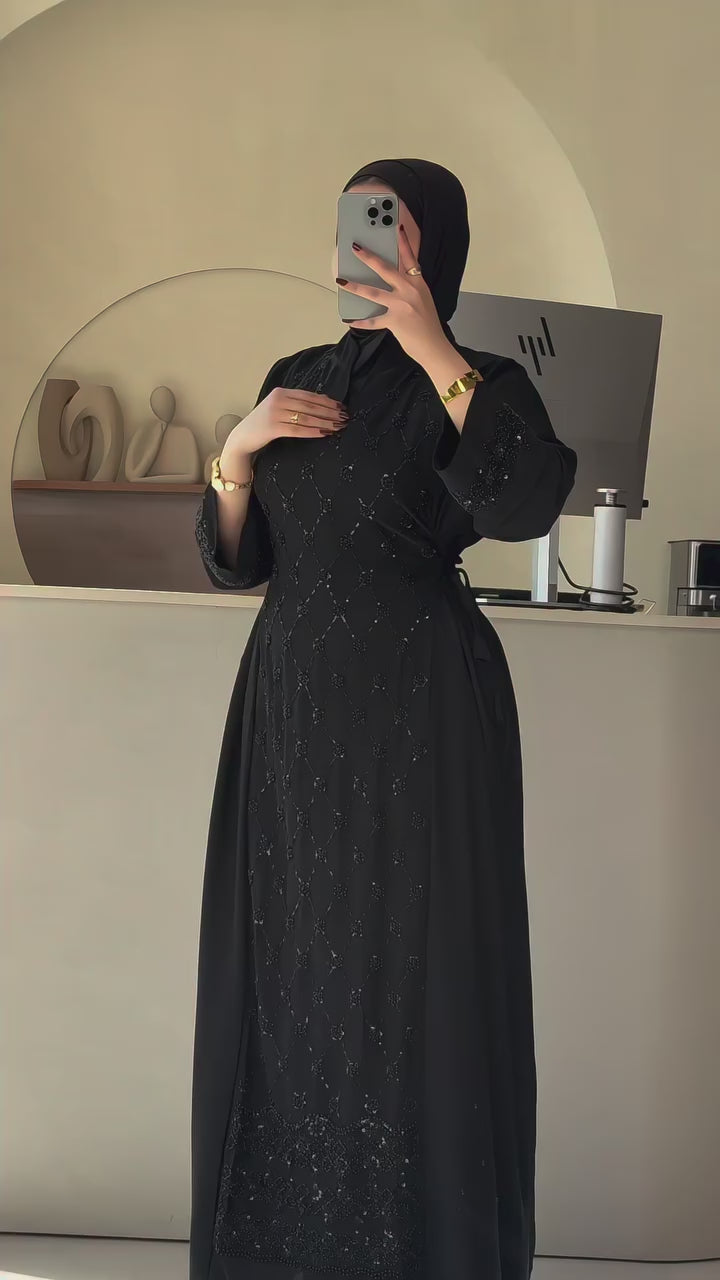 Raya Sequin Tie Waist Abaya Gown