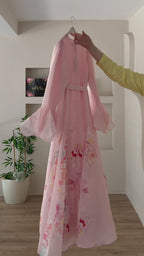 Iris Floral Print Flare Sleeve Belted Midi Dress-Pink