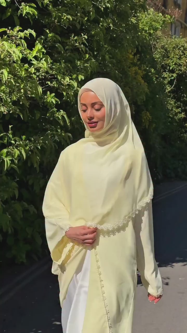 Floral Lace Trim Open Abaya & Matching Hijab Two-Piece Set-Yellow