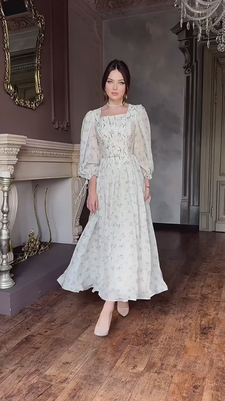 Sophia Square Neck Puff Sleeve Floral Maxi Dress-Blue