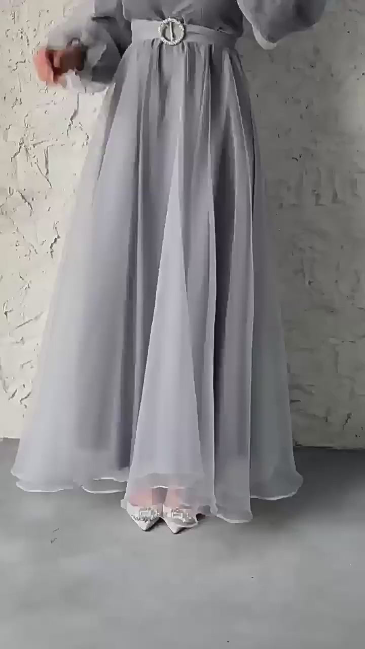 Tulle Overlay Modest Maxi Dress-Grey