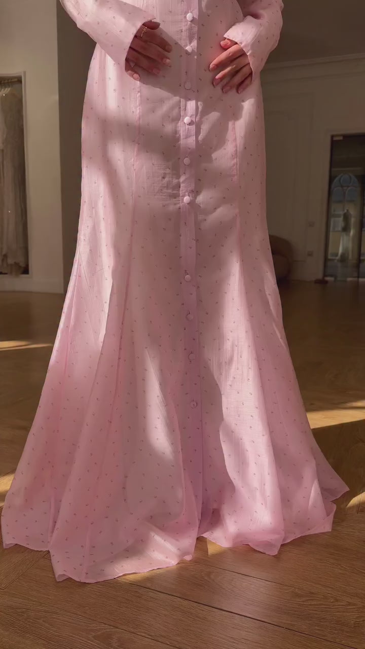 Elaina Dotted Button Tie Waist Mermaid Maxi Dress