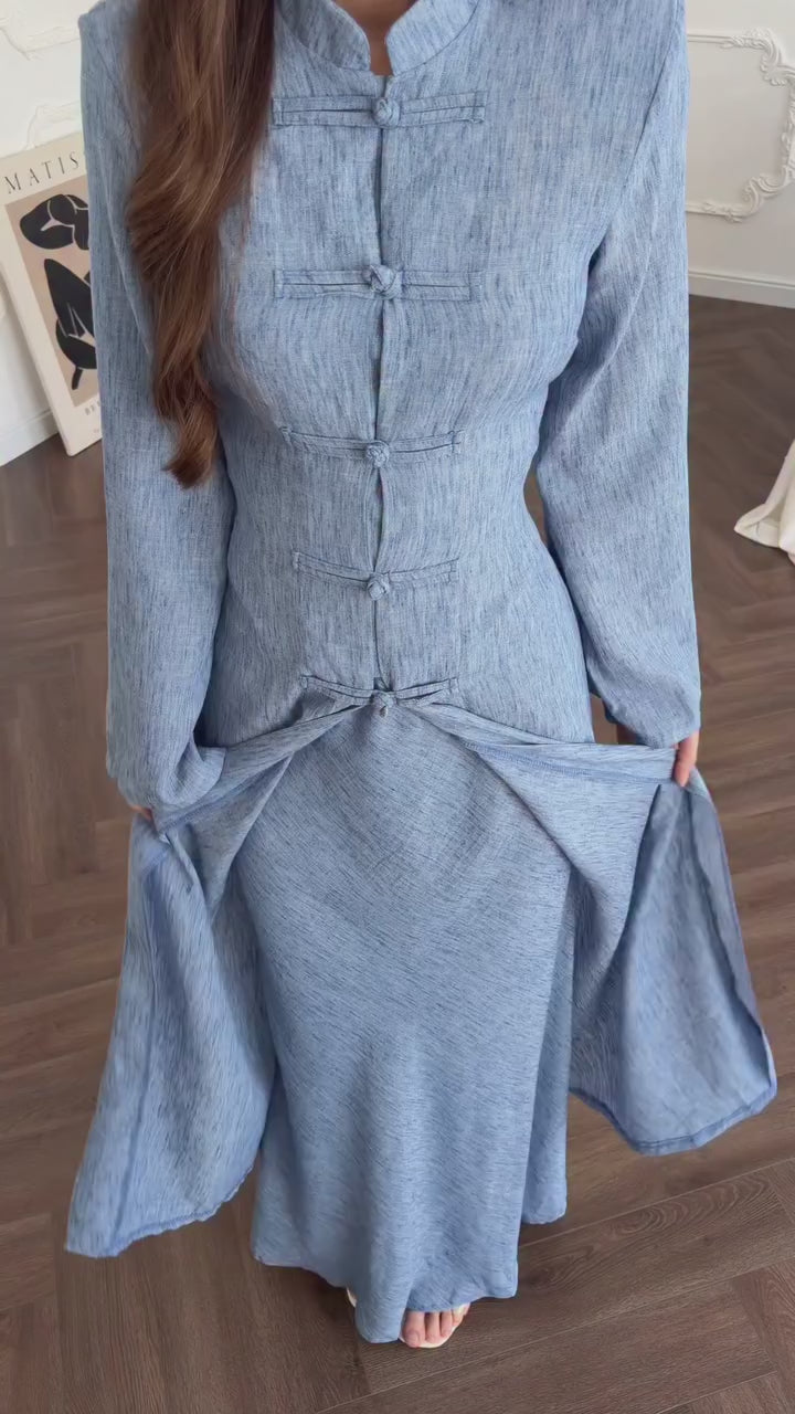 Hannah Mandarin Collar Frog Buttoned Set-Blue