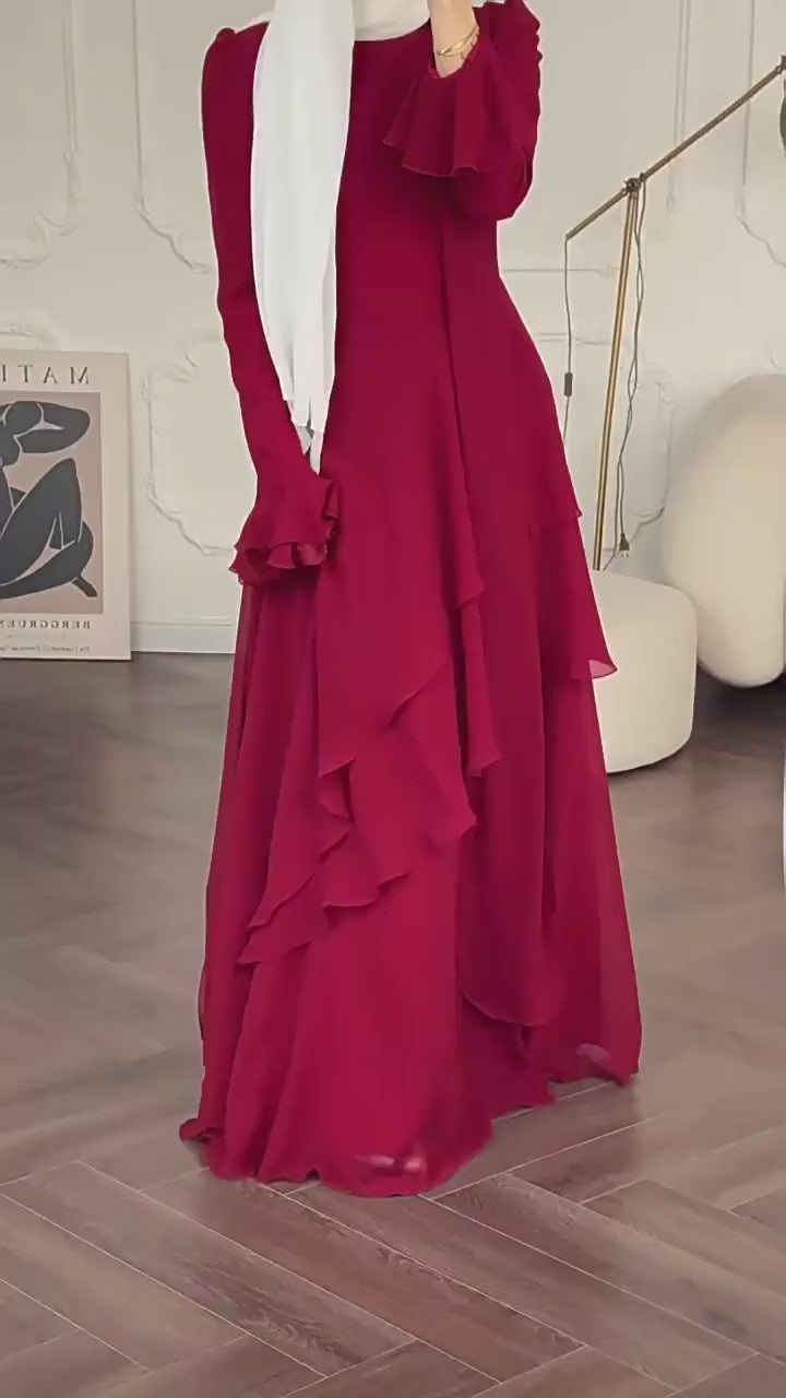 Burgundy Tiered Chiffon Modest Maxi Dress