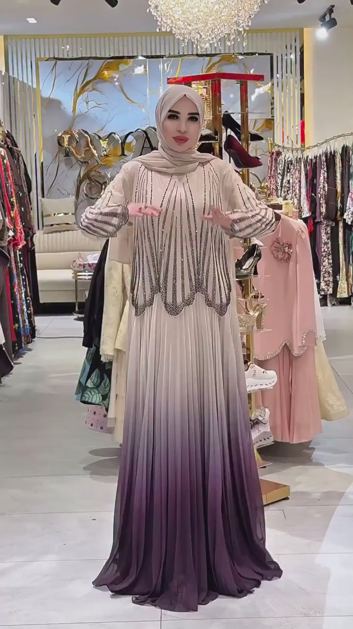 Nur Rhinestone Ombre Pleated Abaya Dress