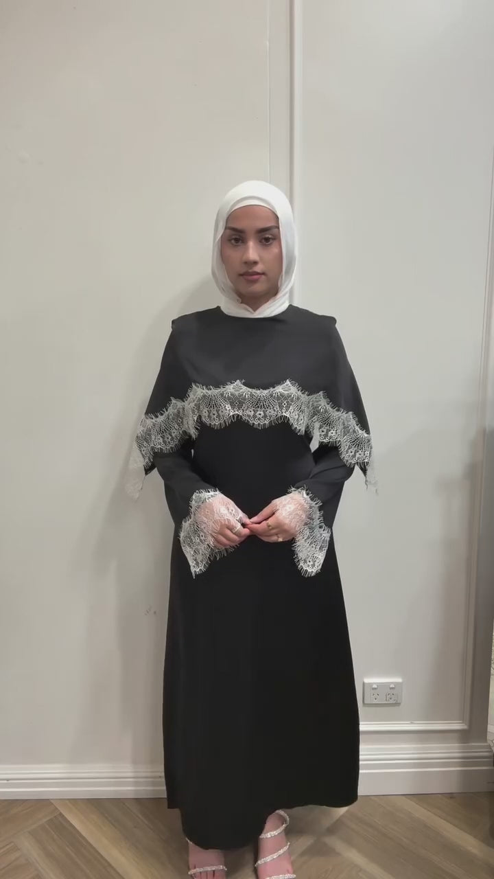 Lace-Trimmed Cape Overlay Modest Maxi Dress-Black
