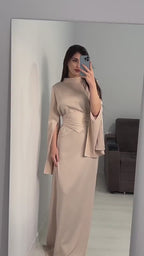 Rana Split Flare Sleeve Rhinestone Waist Maxi Dress-Green