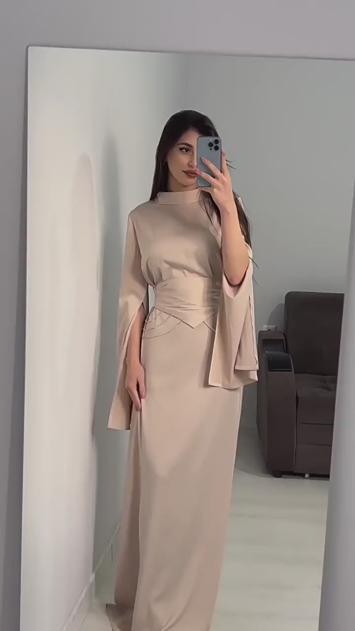 Rana Split Flare Sleeve Rhinestone Waist Maxi Dress-Black