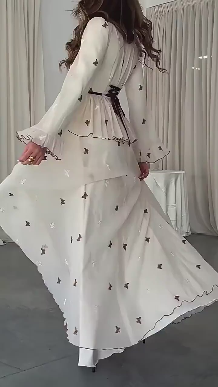 Lila Butterfly Embroidered Tie Waist Maxi Dress