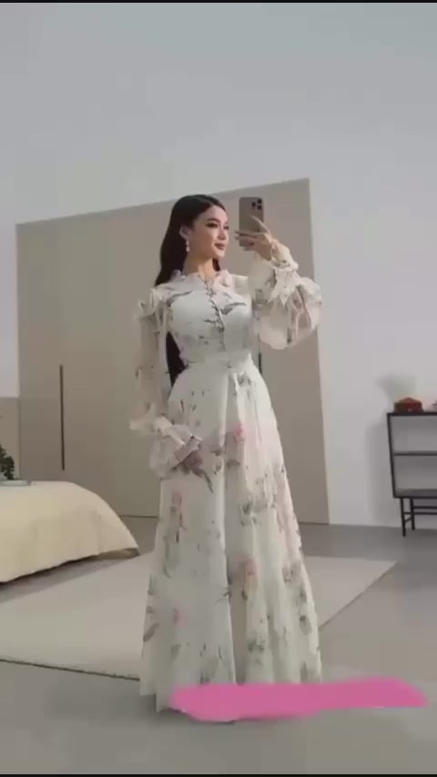 Nur Ruffle Neck Floral Chiffon Maxi Dress