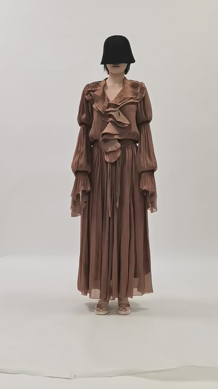 Celeste Ruffle V Neck Shimmer Maxi Dress