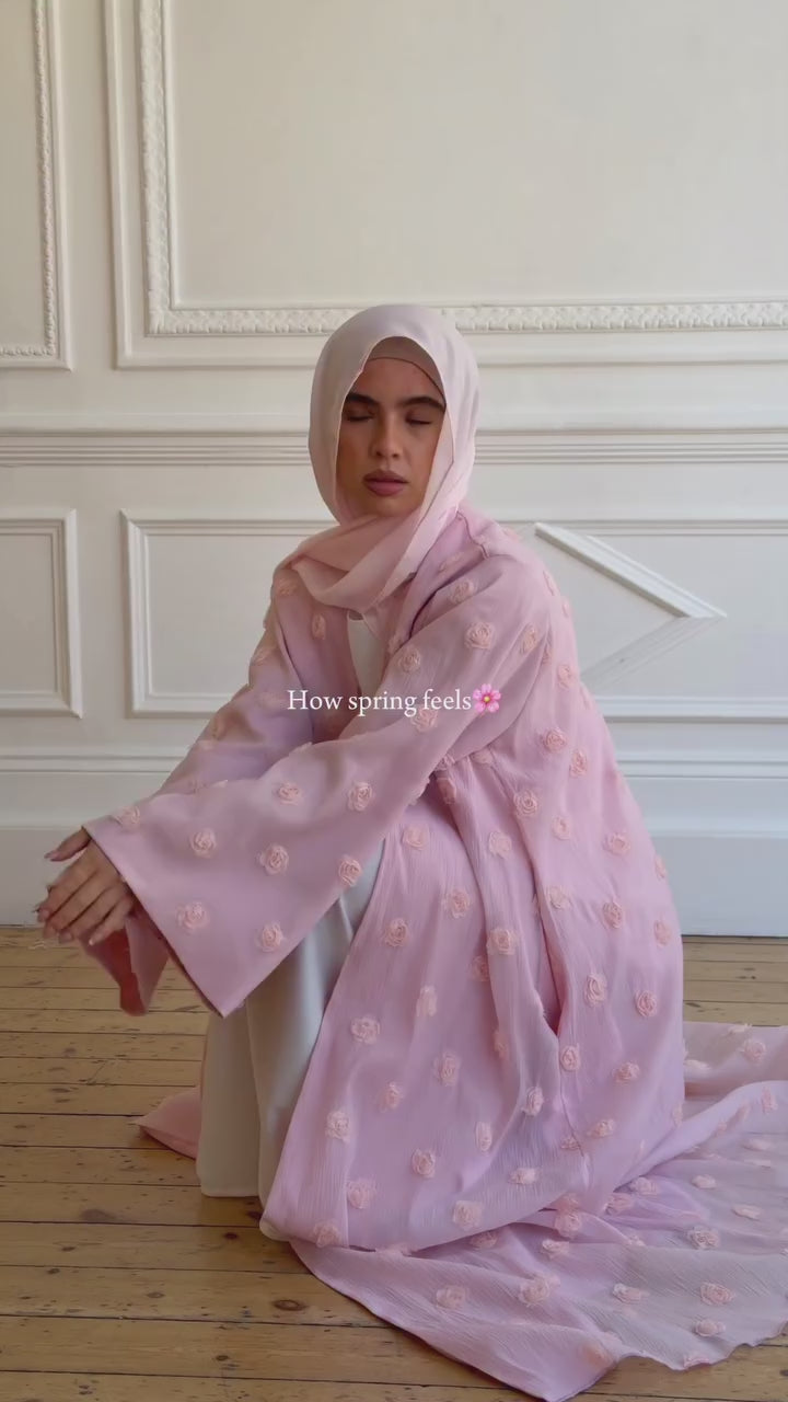 3D Floral Applique Open Abaya & Matching Hijab Two-Piece Set-Pink