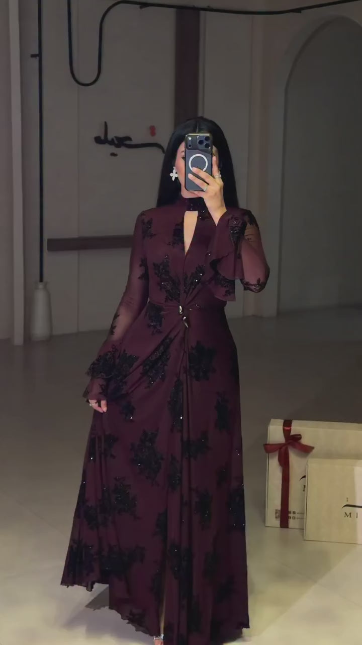Kaia Twist Front Flare Sleeve Maxi-Wine