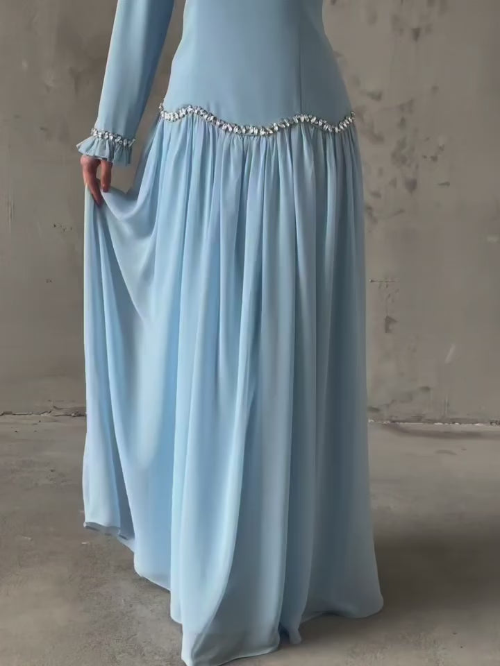 Elegant Peplum Maxi Dress with Crystal Scalloped Trim-Blue