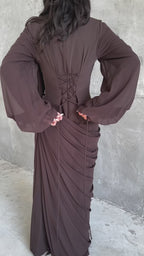 Aisha Floral Embroidered Draped Maxi Dress-Brown