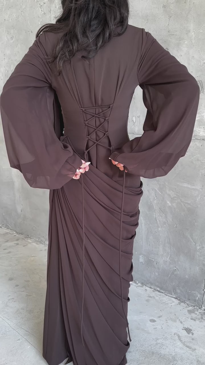 Aisha Floral Embroidered Draped Maxi Dress-Brown