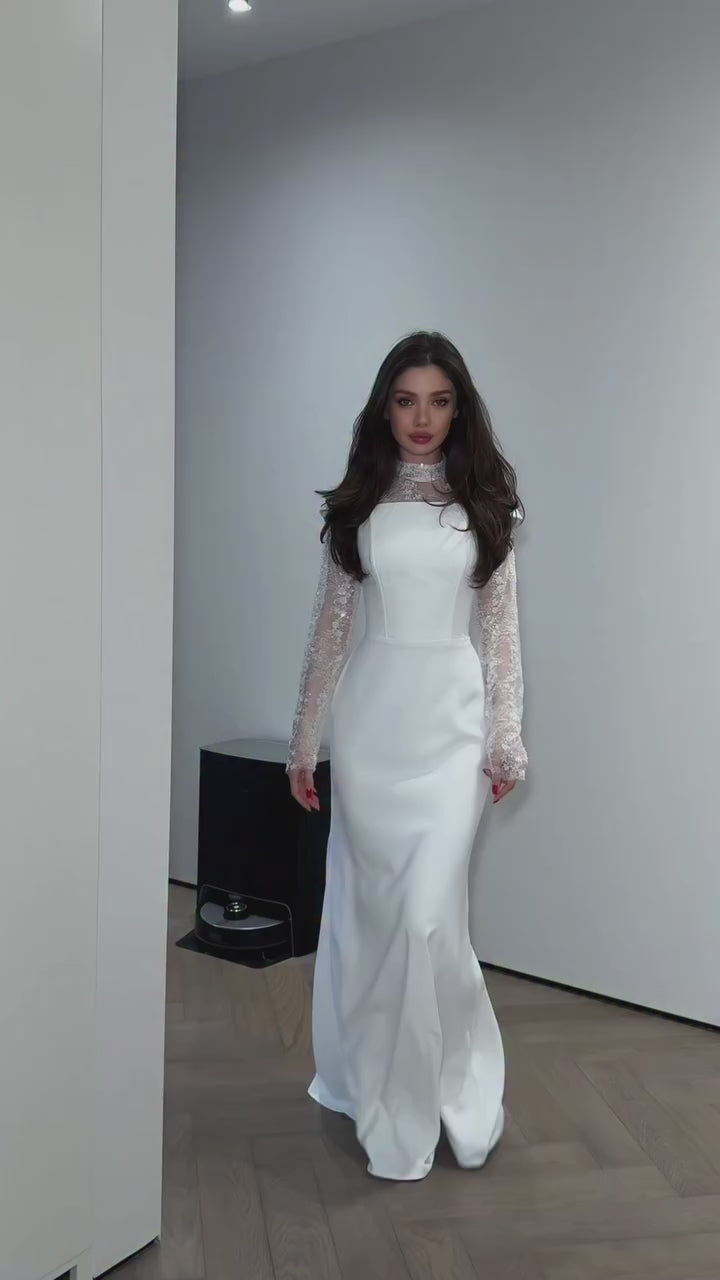 Elena Beaded Lace Mermaid Dress-White