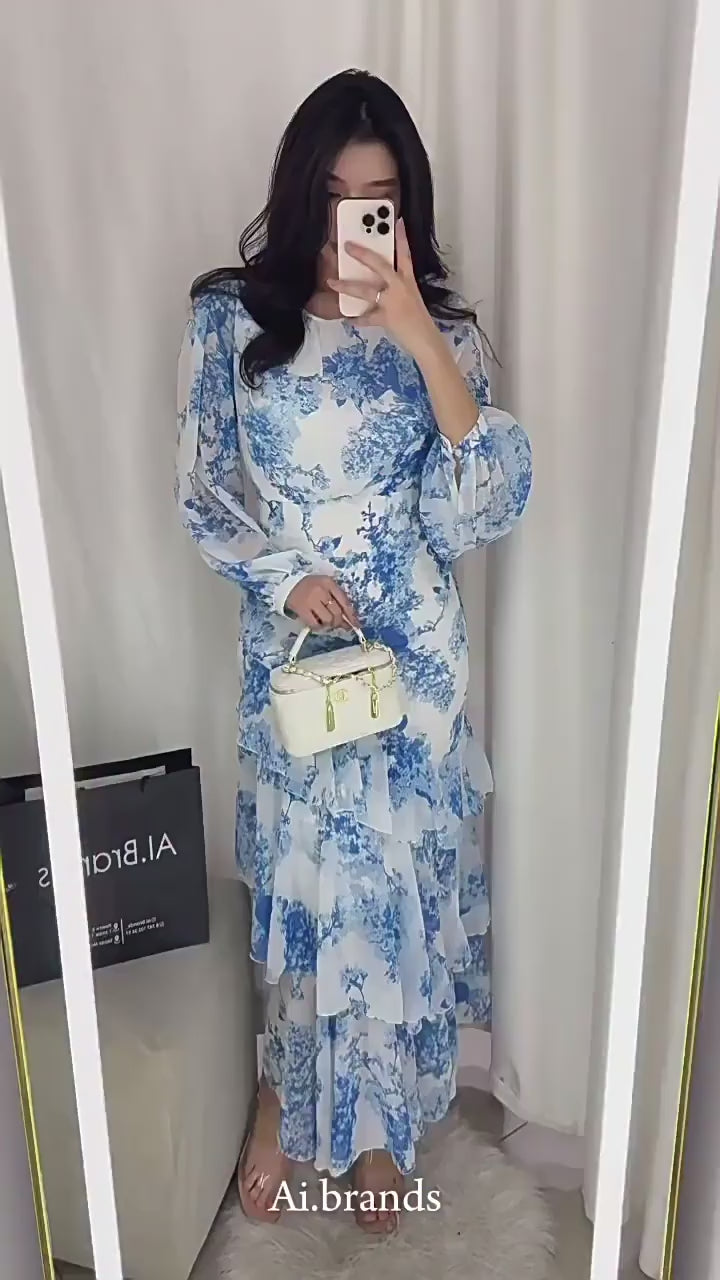 Sylvia Blue Floral Asymmetrical Ruffle Midi