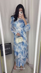 Sylvia Blue Floral Asymmetrical Ruffle Midi