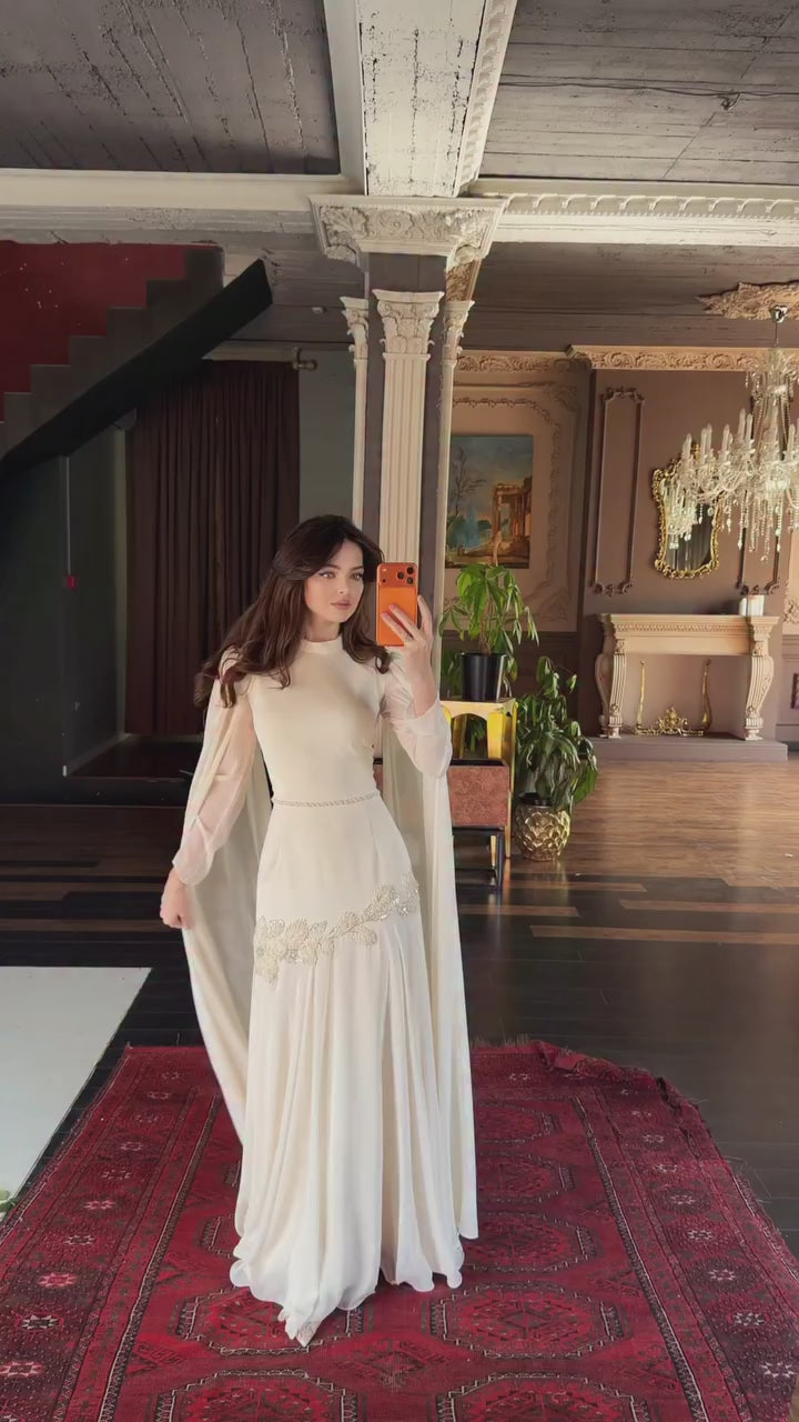 Embellished Hip High-Neck Cape Sleeve Maxi Dress