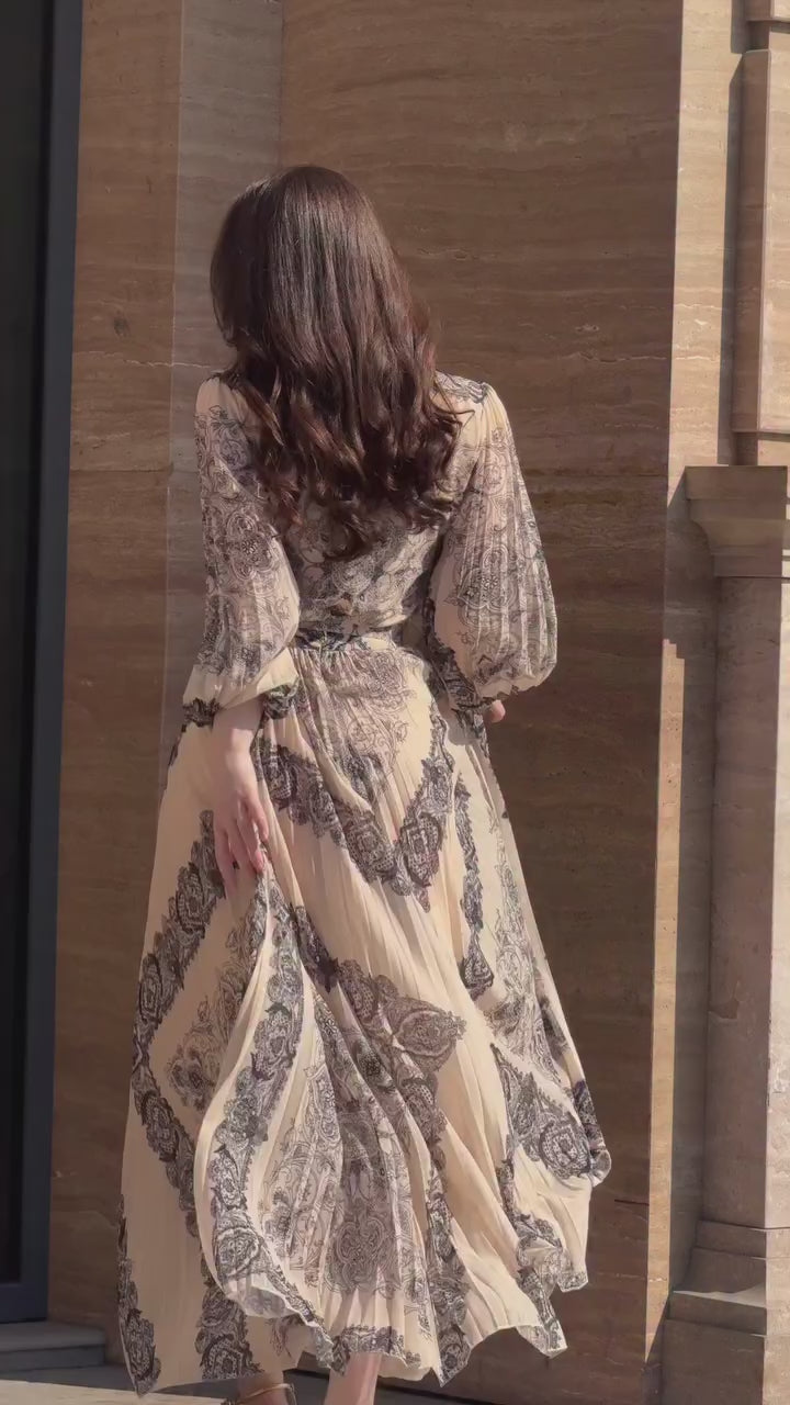 Chloe Baroque Print Pleated Maxi Dress