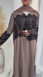 Zuhra Lace Panel Open Abaya-Brown