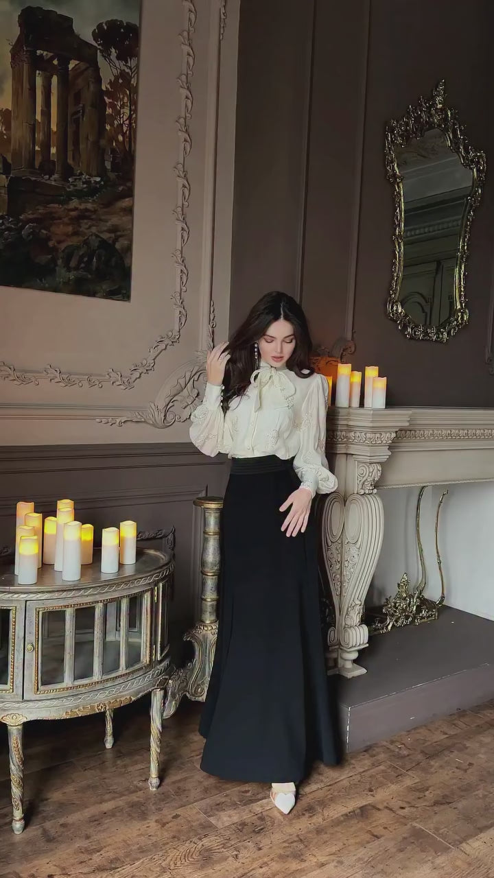 Diana Bow Embroidered Shirt Skirt Co-ord