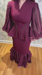 Hana Frog Button Lace Peplum Skirt Set-Wine