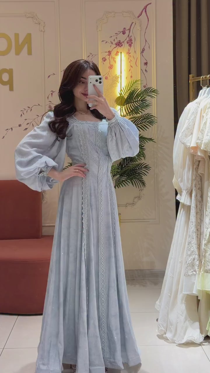 Sylvia Lace Panel Puff Sleeve Maxi-Blue