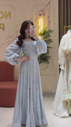 Sylvia Lace Panel Puff Sleeve Maxi-Blue
