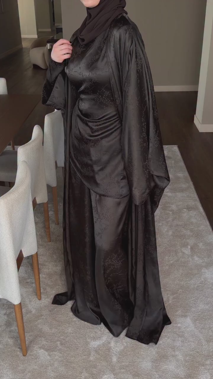 Zahra Floral Jacquard Open Abaya Set-Black