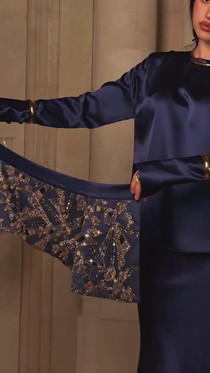 Sage Navy Satin Beaded Two Piece Set
