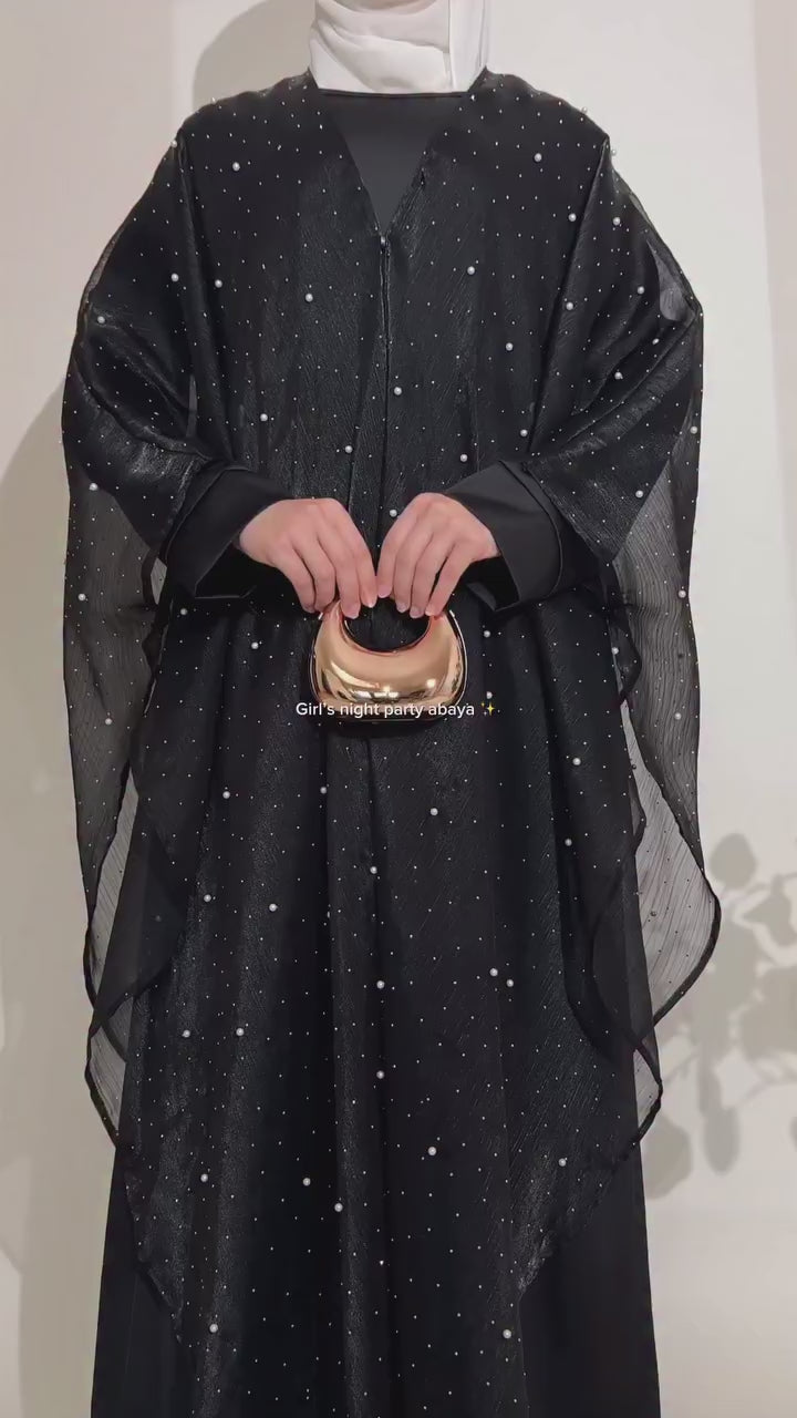 Nur Pearl Draped Two-Piece Abaya-Black
