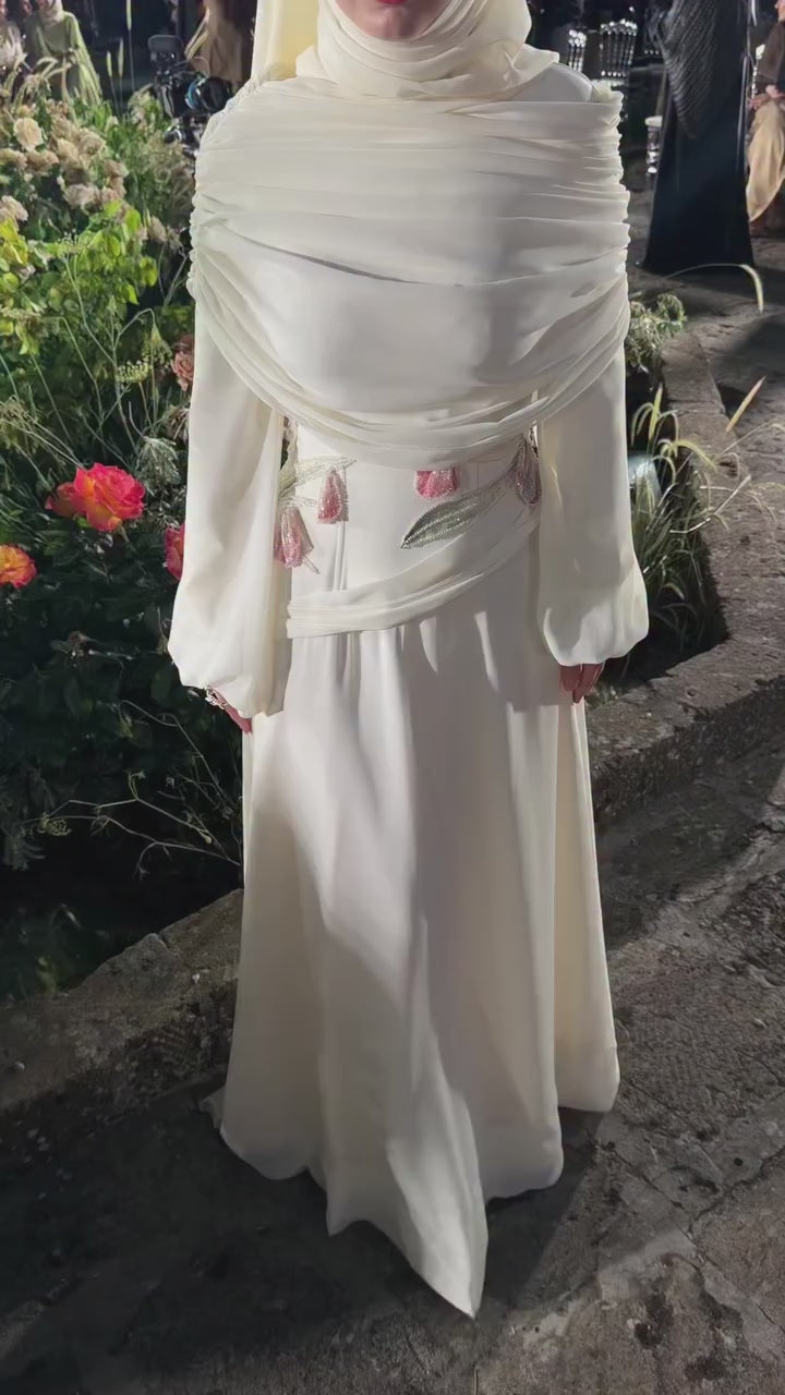 Aria Tulip Embroidered Ruched Shawl Maxi Dress-White
