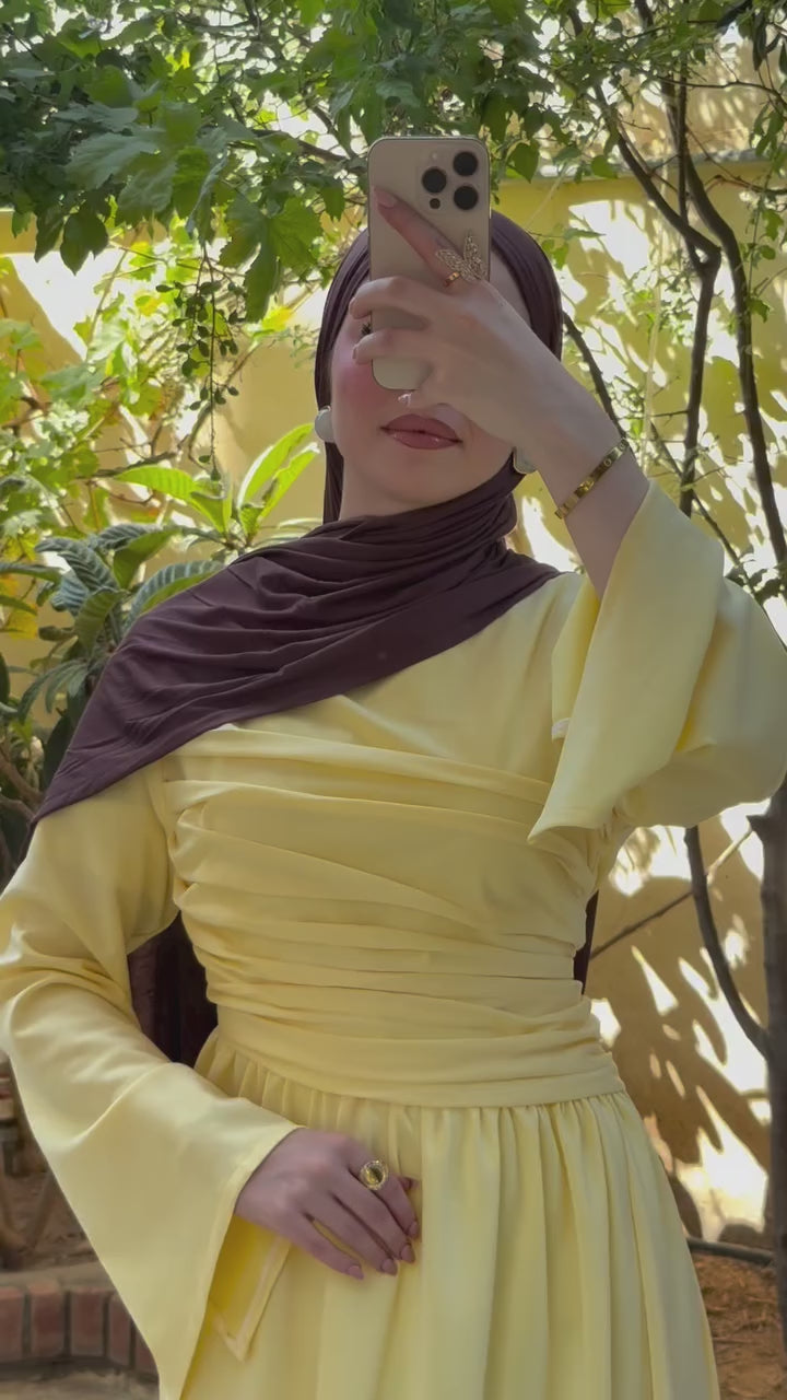 Rahma Side Ruched Flare Sleeve Maxi Dress-Yellow