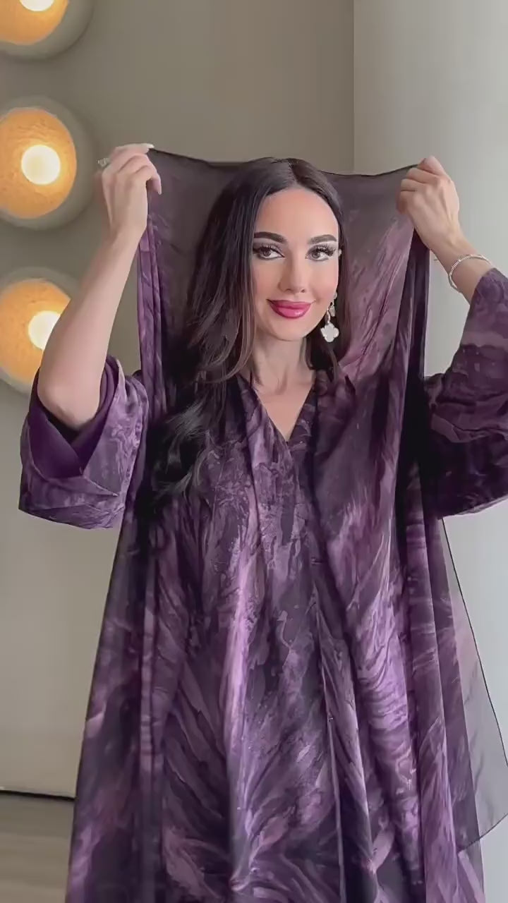 Laila Printed Abaya With Matching Headscarf-Pink