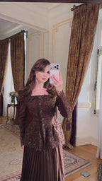 Lace Peplum Jacket and Pleated Maxi Skirt Two-Piece Set-Brown