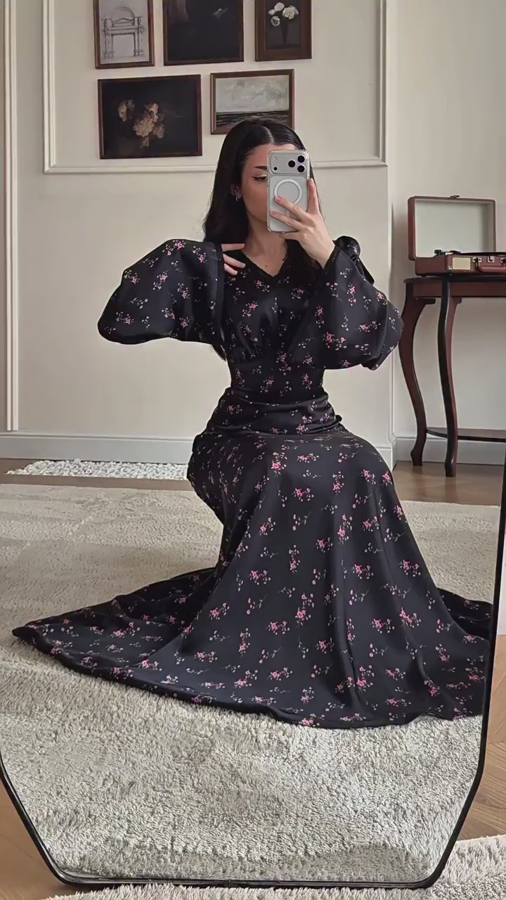 Serena V-neck Floral Flare Sleeve Mermaid Dress